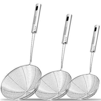 Anaeat Stainless Steel Spider Skimmer, Set of 3 Professional Kitchen Pasta Strainer Spoon with Long Handle - Asian Strainer Ladle Wire Skimmer Spoons for Cooking and Frying (4.5"+5.3"+6.1")