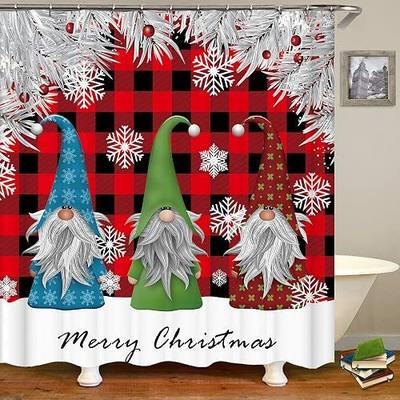Christmas Shower Curtain for Bathroom, Merry Gnomes Design (Red)