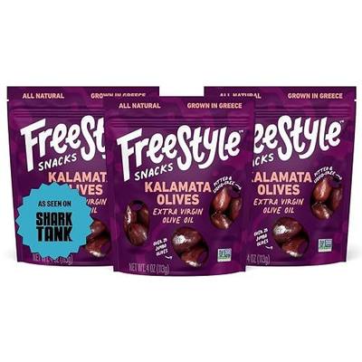 Freestyle Snacks, Olive Snack Packs - As Seen on Shark Tank - Fresh Pitted Kalamata Olives, Marinated in Extra Virgin Olive Oil, Salty Snack, Grown in Greece, All Natural, Non-GMO, 4oz (3 Pack)