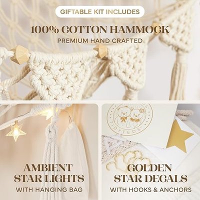 TIDYTEDS Stuffed Animal Hammock Corner | Sturdy Handcrafted Stuffed Animal Net | 4mm Double Macrame Cord Stuffed Animal Holder | Natural 100% Cotton Plushie Net | Toy Hammock w/LED Light (Ice Cream)