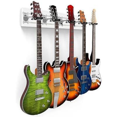 DLDIRECT DiamondLife 48-Inch White Guitar Wall Mount - 5 Chrome Guitar Hangers with Padded Safety Lock - Wall-Mounted Instrument Holder - Fits Acoustic, Electric, Bass Guitars, and Ukuleles