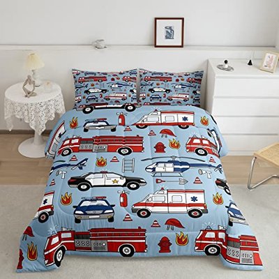 Feelyou Cartoon Police Car Bedding Set Red Fire Truck Comforter Set for Kids Boys Fire Extinguisher Duvet Set Airplane Comforter 1 Comforter Set with 2 Pillowcases Full Size Boys