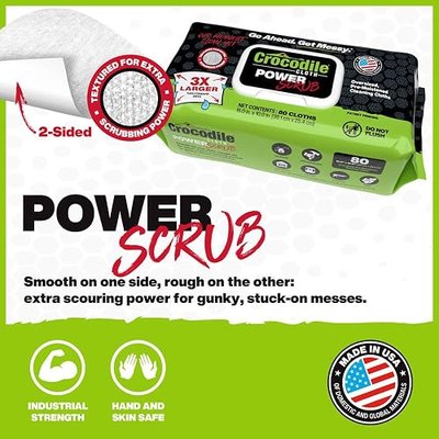 Crocodile Cloth PowerSCRUB Heavy-Duty Hand & Tool Cleaning Wipes, 80 Count | Dual-Surface Cloths, Moist, Absorbent, & Disposable - Safe on Skin & Multiple Surfaces