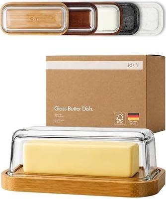 KIVY Glass butter dish with airtight lid that keeps butter soft - For countertop and refrigerator door shelf - Butter tray with lid fridge - Butter holder for counter - Covered butter dishes