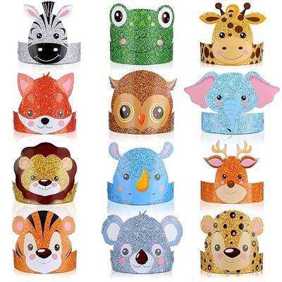 Gersoniel 24 Pcs Animal Birthday Party Hats Animal Headbands Jungle Safari Animal Paper Party Crown for Girls Kids (Jungle Animal)