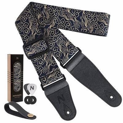 Nefelibata Guitar Strap Japan Printed Cotton Original Design Adjustable Guitar Strap with Long Leather Ends,Include Strap Button,Guitar Picks and Strap Locks(Auspicious Cloud)