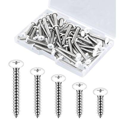 Funrous 100 Pcs #8 Pan Head Screw Sheet Metal Self Tapping Stainless Steel Wood to Metal Screws for Wall Plates Switches Covers Replacement, 5 Sizes (White)