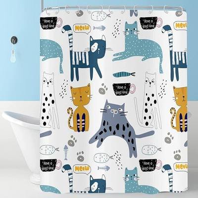 Kid Cartoon Cat Shower Curtain, Children's Funny Cat Cute Kitten Animals Bathroom Curtain for Bathtub Decor Waterproof Fabric Machine Washable with 12 Hooks