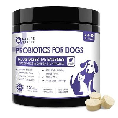 NATURE TARGET 6 Billion Freeze Dried Probiotics for Dogs, 120 Bites | With Prebiotics & Enzymes, Vitamins & Omega 3, Support Digestive & Gut Health, Itch Relief, Reduce Diarrhea