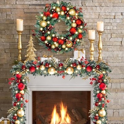 WANNA-CUL 30 Inch Pre-Lit Red Gold Christmas Wreaths for Front Door | Timer Lighted Wreath with 50 LED Lights with Large Ball Ornaments Pine Cones for Indoor Outdoor Decor Battery Operated