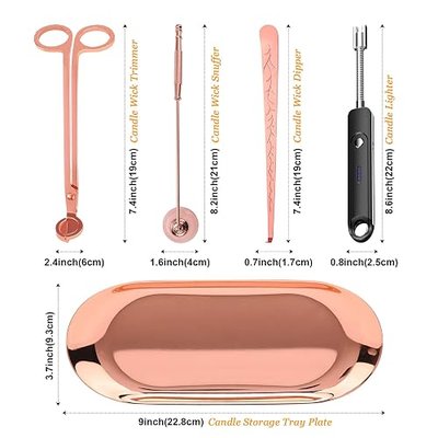 5Pcs Accessory Set with Rechargeable Electric Lighter, Storage Tray, Wick Trimmer, Snuffer, Dipper, Stainless Steel Care Kit Gift Package for Candle Lover Rose Gold