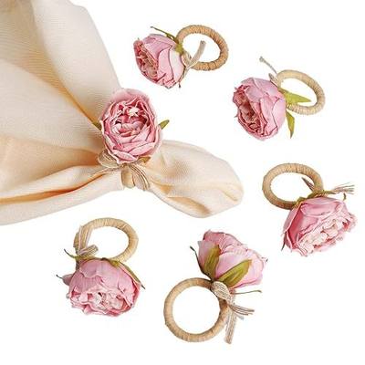 Handcraft Flower Napkin Rings Set of 6,Pink Peony Flower Handmade Napkin Holder Rings Table Decorations for Summer,Wedding,Luncheons,Picnics,Banquet, Birthday,Christmas,Valentine's, Thanksgiving