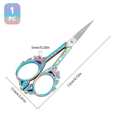 SUNNYCLUE 1Set 4.7Inch Stainless Steel Sewing Scissors Butterfly Pattern Vintage Style Pointed Tip Embroidery Shears for Sewing Crochet Cross Stitch Knitting Scissors Rainbow Color Printed Package