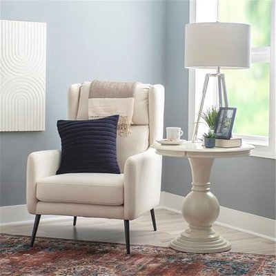 Pemberly Row Round Wood Accent Table, Cream Finish, 26 in Height, Pedestal Base, Transitional Style MDF and Birch Veneer Living Room Side Table or Extra Surface for Entertaining