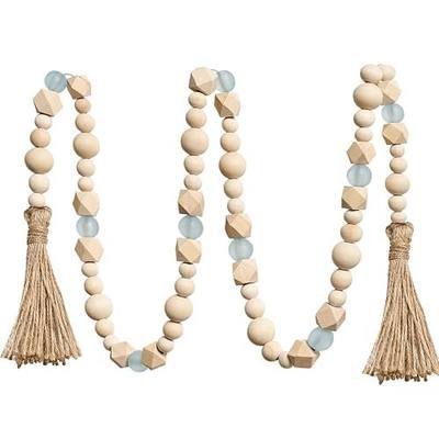 OMISHE Wood Bead Garland with Tassels 52 Inches, Octagonal Handmade Wooden Beads with Blue Acrylic Beads, Boho Wooden Beads Home Decor, Farmhouse Beads Garland for Tiered Tray Decor Beach Decor
