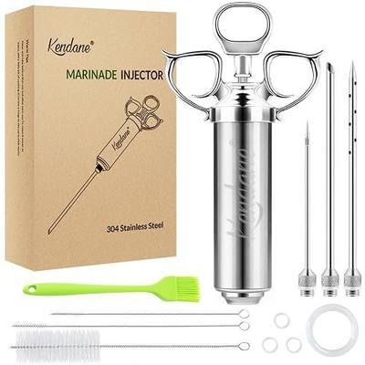 Meat Injector Syringe 2-oz Marinade Flavor Barrel 304 Stainless Steel with 3 Marinade Needles for BBQ Grill Smoker, Turkey, Fish, Brisket, Paper Silicone Brush and Instruction Included by Kendane