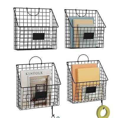 4 Packs Hanging Wall File Organizer with Hooks, Magazine Rack ,Mail Basket | Metal Wall Mounted File Holder Folder with Handles , Home Office Organization for Papers Book, No Assembly Required, Black