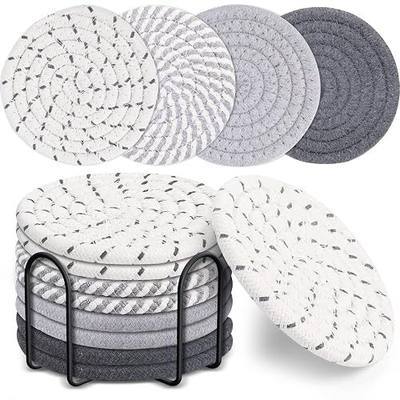 Mckanti 8 Pcs Drink Coasters with Holder, 4 Colors Absorbent Coasters, Minimalist Cotton Woven Coaster Set for Living Room Decor, Tabletop Protection Suitable for Kinds of Cups, 4.3 Inches