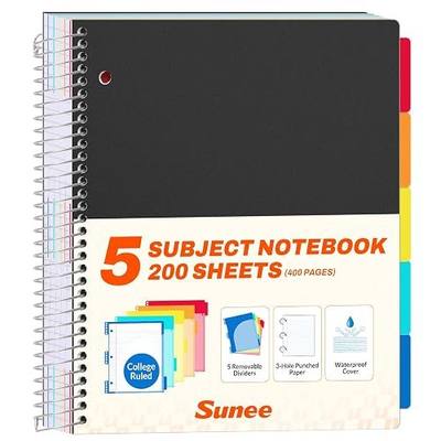 SUNEE 5 Subject Notebook College Ruled - 400 Pages, 9"x11", 5 Pocket Colored Dividers, 3-Hole Punched Paper, Black