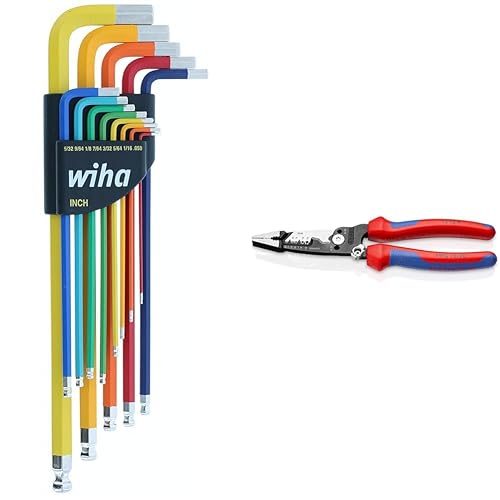Wiha 13 Piece Ball End Hex L-Key Set, KNIPEX 13 72 8 Wire Stripper - Color Coded L-Keys 0.050”-3/8”, Strips 10-20 AWG Wire