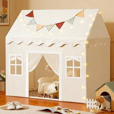Tiny Land Kids Play Tent with Padded Mat & LED Lights, Ages 3+ | Modern Home Design, Neutral Color Indoor Playhouse, Cozy Bed Tent for Toddler, Ideal Toy Gift For Boys & Girls