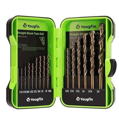 Yougfin Cobalt Drill Bits, M35 High Speed Steel Drill Bit Set with Round Straight Shank, 135° Split Point, Double Fluted, 15Pcs, 1/16''-3/8''