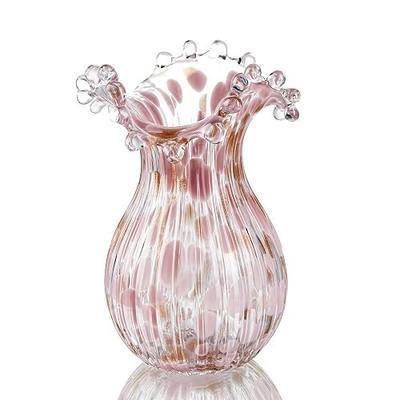 QFkris Hand Blown Glass Vase, Modern Art Flower Vase with Pink Petal Decor | Crystal Vase for Home Decor, 8.5 inch Tall for Living Room Dining Tabletop Centerpiece Statement Office Decoration