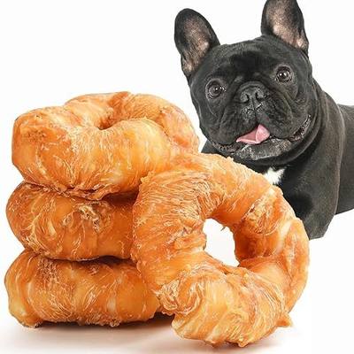 Dog Donut Treats, Chicken Wrapped Rawhide Donuts, Dental Care Dog Chews (Pack of 4)