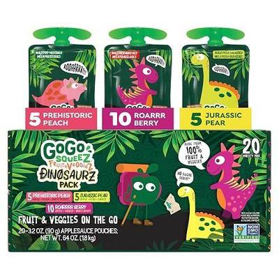 GoGo squeeZ No Sugar Added Fruit & veggieZ Applesauce and Puree Variety Pack, Jurassic Pear, Roarrrr Berry & Prehistoric Peach, 3.2 oz Pouches (Pack of 20), Fruit Snacks for Kids, Gluten Free, Nut Free, Recloseable Cap, BPA Free