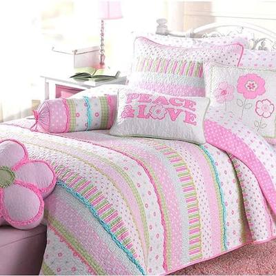 Pink Polka Dot Peace & Love 100% Cotton Reversible Quilt Bedding Set for Kids Girls, Coverlet, Bedspread (Flower Pastel, Full/Queen3 Piece:1 Quilt + 2 Standard Shams)