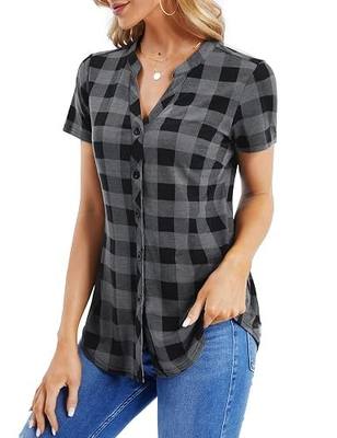 DJT Women's Summer Casual V Neck Blouses Plaid Short Sleeve Button Down Plaid Shirts Tops