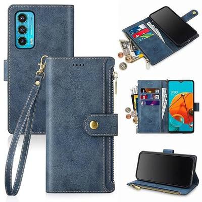 Antsturdy Compatible with Motorola Moto Edge 2021/Edge 5G UW Wallet Case RFID Blocking PU Leather Folio Flip Cover with Wrist Strap Zipper Credit Card Holder Kickstand Function Men Women,Blue