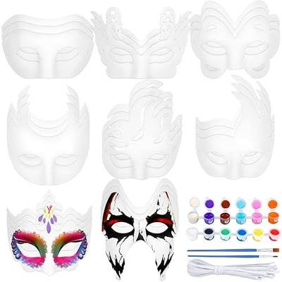 Elcoho 24 Pieces White Paper Masks Half Face Masquerade Masks DIY Hand Painted Mask with Tether Paints Brushes Mardi Gras Mask for Halloween, Cosplay Party