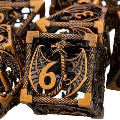 ARUOHHA Hollow DND Metal Dice Set Ancient Gold Dragons D and D Dice, RPG Role Playing Games Dungeons Polyhedral Dice with Gift Box D20 D12 D10 D8 D6 D4