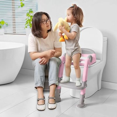 Potty Training Seat with Step Stool Ladder, Toddlers Potty Training Toilet for Kids Boys Girls (Gray/Pink)