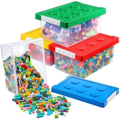 Vicenpal 4 Pack Toy Storage Containers with Lids Brick Shaped Kids Toy Organizer Box Plastic Clear Stackable Bin Chest for Building Block Dolls(Small,Red, Yellow, Blue, Green)