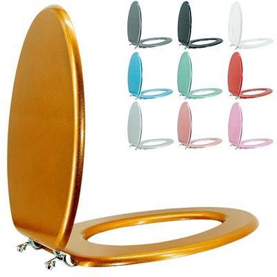Elongated Toilet Seat Wood Toilet Seat Prevent Shifting with Zinc Alloy Hinges American Standard Size Toilet Seat Easy to Install also Easy to Clean(Elongated,Sparkling Classical Gold)
