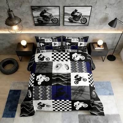 Dirt Bike Comforter Set, Motocross Rider Bedding Comforter Sets Twin, Motorcycle Grunge Down Comforter For Kids Boys Adult Men, Motorbike Extreme Sport Game Comforter, Buffalo Plaid, Blue Grey Black