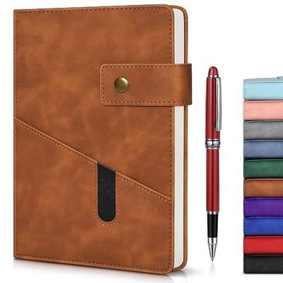 Lined Journal Notebook with Pen, A5 Personalized Hardcover Leather Journal for Men Women, 200 Pages 100 GSM Thick Paper College Ruled Notebooks for Work Travel School Writing Diary 5.9" X 8.4" Brown