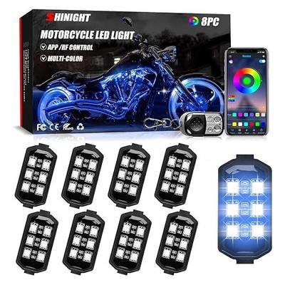 SHINIGHT 8 Pcs Motorcycle LED Light Kits, App Control Multicolor Waterproof Motorcycle LED Strip Lights with RF Remote, Music Sync & Multiple Scene Modes RGB LED Lights for Motorcycles