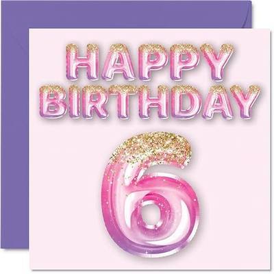 6th Birthday Card for Girls - Pink & Purple Glitter Balloons - Happy Birthday Cards for 6 Year Old Girl Daughter Sister Granddaughter Cousin, 5.7 x 5.7 Inch Six Sixth Bday Greeting Cards Gift