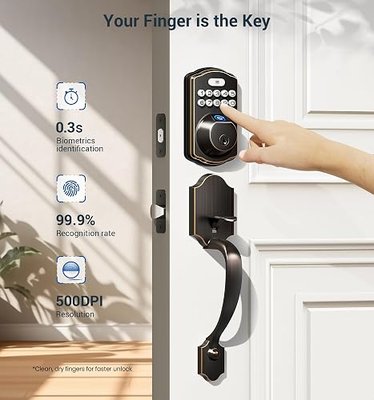 Veise KS02D Fingerprint Front Door Lock with Handle Set, Oil Rubbed Bronze | Keyless Entry Keypad Deadbolt, Auto Lock, Anti-Peep Password, One-time Code, IP54 Waterproof, Low Battery Alarm, Easy Install