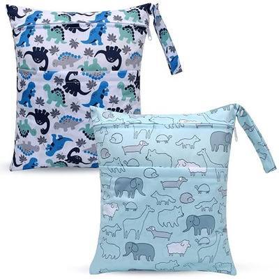 2pcs Cloth Diaper Wet Dry Bags Waterproof with Two Zippered Pockets | Reusable Travel Beach Pool Daycare Soiled Baby Items Yoga Gym Bag for Swimsuits or Wet Clothes-Cute Animal,Dinosaur