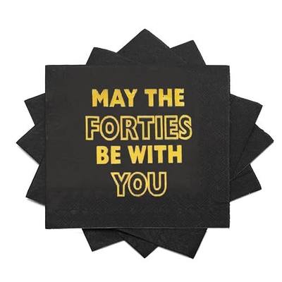 Black Gold Cocktail Napkins, 40th Birthday Party Napkins Paper with Gold Foil Words "MAY THE FORTIES BE WITH YOU" for Forty Birthday Anniversary Decorations (Black Gold-FORTIES, 20 Count)
