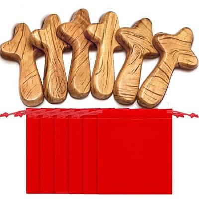 WILLBOND 6 Set Small Hand Held Cross Baptism Gifts 4.1 Inches Wall Cross Decor with Velvet Bag Pocket Palm Crucifix for Palm Sunday Prayer Church Communion