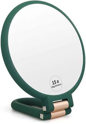 LHIUEM 1x 15x Magnifying Hand Held Mirror,Double Side Travel Mirror with Foldable Handle,1x 15x Magnification Hand Mirror for Women Travel Table Desk (Army Green)