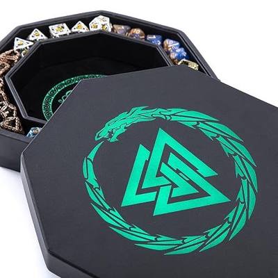 Soar Forge Dice Tray for DND and RPG - Beautiful Green Valknut and Dragon 9 Inch Rolling Tray Compatible with Dungeons and Dragons and Tabletop RPGs - Box Storage to Protect Dice