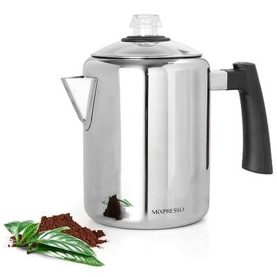 Mixpresso Stainless Steel Coffee Percolator Stovetop, 37oz Classic Percolator Coffee Pot, Great For Camping Pot, 5-8 Cup Stove Top Espresso Maker, Cool-Touch Handle