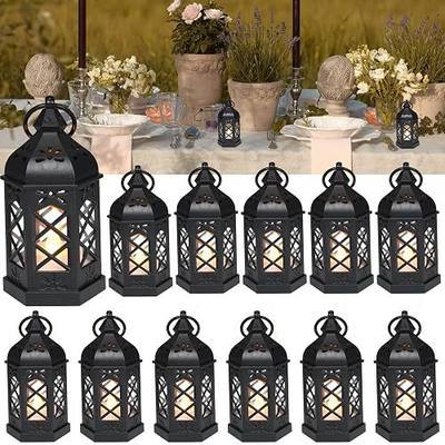 LLQ 12Pcs Mini Lantern with LED Candle, Small Black Lanterns Decorative for Halloween Decorations, Christmas Table Centerpiece, Flickering Candle Holders for Diwali Wedding Medieval Decor, Ornaments