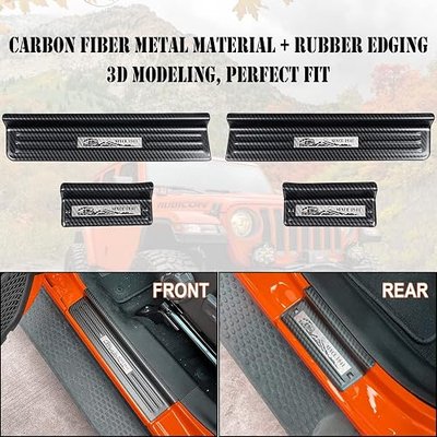 Rowa Door Sill Guards for Jeep 2018-2026 Wrangler JL JLU & 2020-2026 Gladiator JT, Carbon Fiber Pattern 304 Stainless Steel Door Entry Guard Full Coverage for Door Sill Protector (Patent Design)